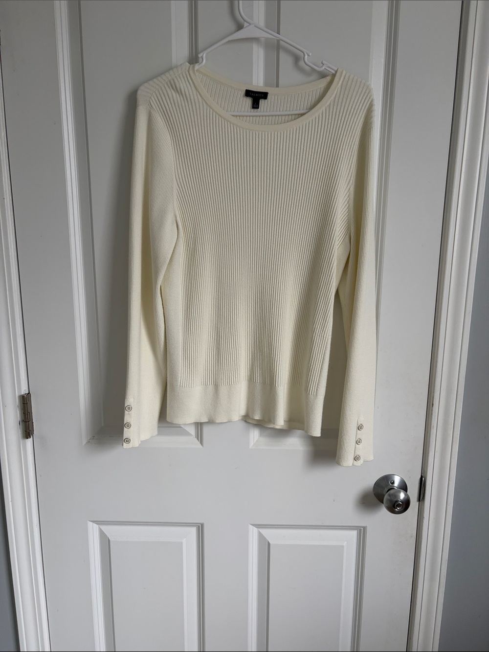 Talbots Ivory Ribbed Crewneck Sweater with Button Cuffs